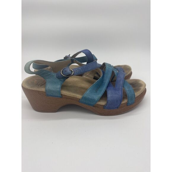 Dansko Stevie Platform Wedge Buckle Adjustable Strap Blue Leather Sandal Size 41 - Picture 3 of 6